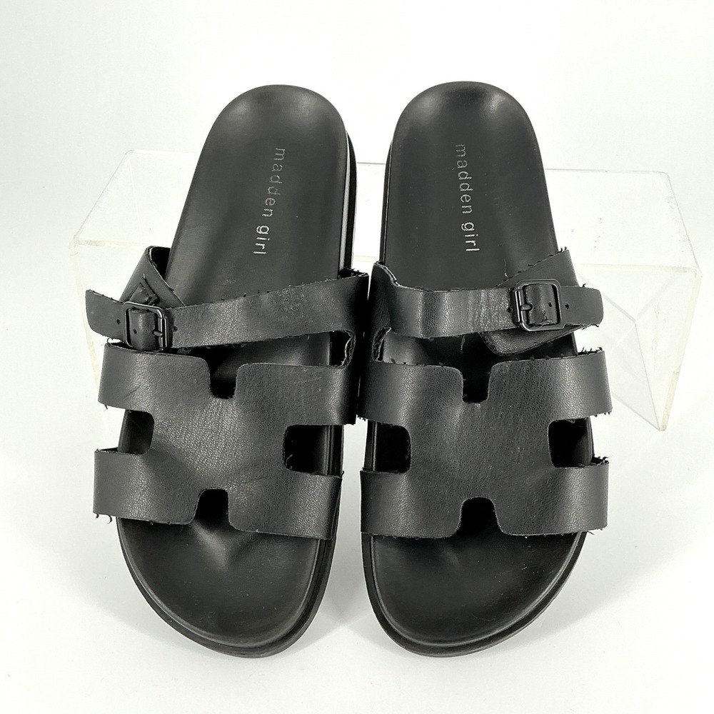 Madden Girl Size 8.5 Black Strappy Slide Sandals Buckle Shoes Dharma - Picture 1 of 12